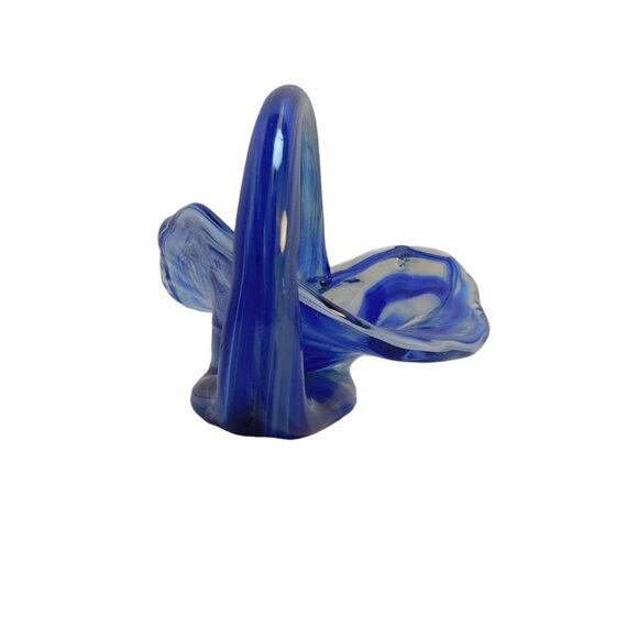 Hand Blown Art Glass Basket Bowl W/Handle Blue 6.5x5x4.5" - Picture 6 of 9